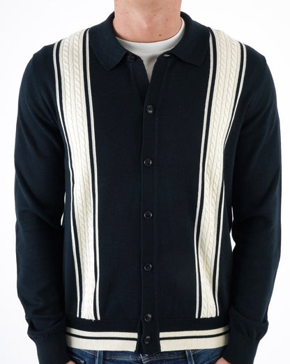 Ben Sherman – Langärmliges Poloshirt mit Zopfmuster in Schwarz