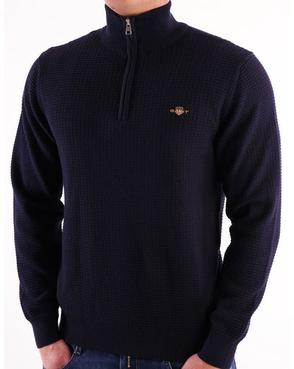 Gant Strukturierter Pullover mit halbem Reißverschluss, Marineblau