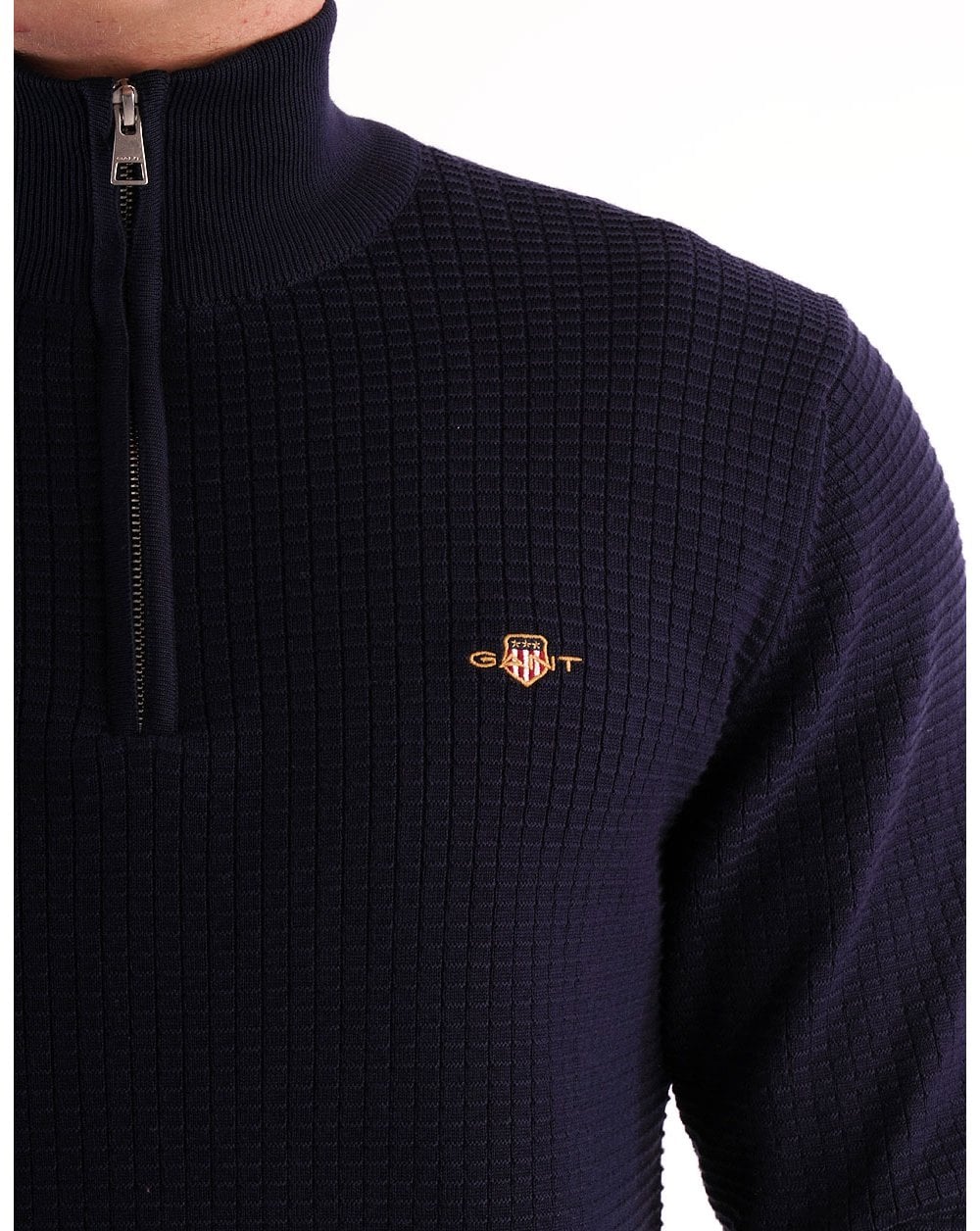 Gant Strukturierter Pullover mit halbem Reißverschluss, Marineblau