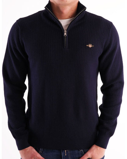 Gant Strukturierter Pullover mit halbem Reißverschluss, Marineblau