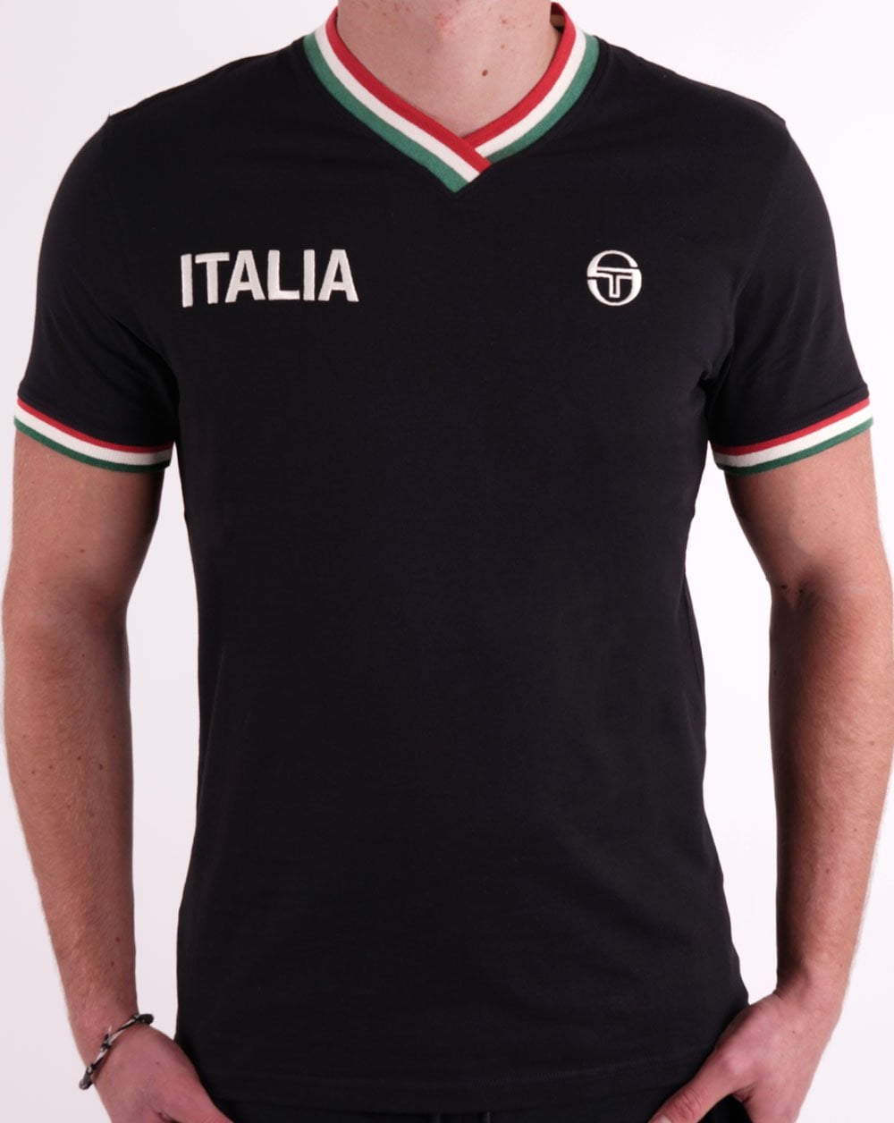 Sergio Tacchini Italia T-Shirt mit V-Ausschnitt, Schwarz
