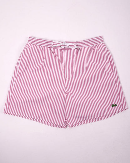 Lacoste – Gestreifte Badeshorts Rosa/Weiß