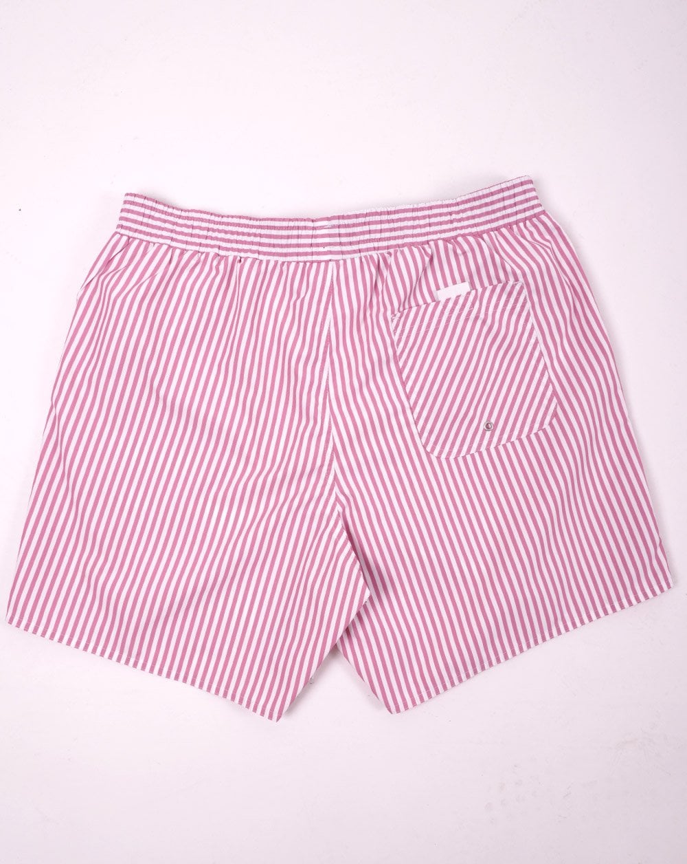 Lacoste – Gestreifte Badeshorts Rosa/Weiß