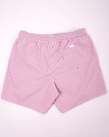 Lacoste – Gestreifte Badeshorts Rosa/Weiß