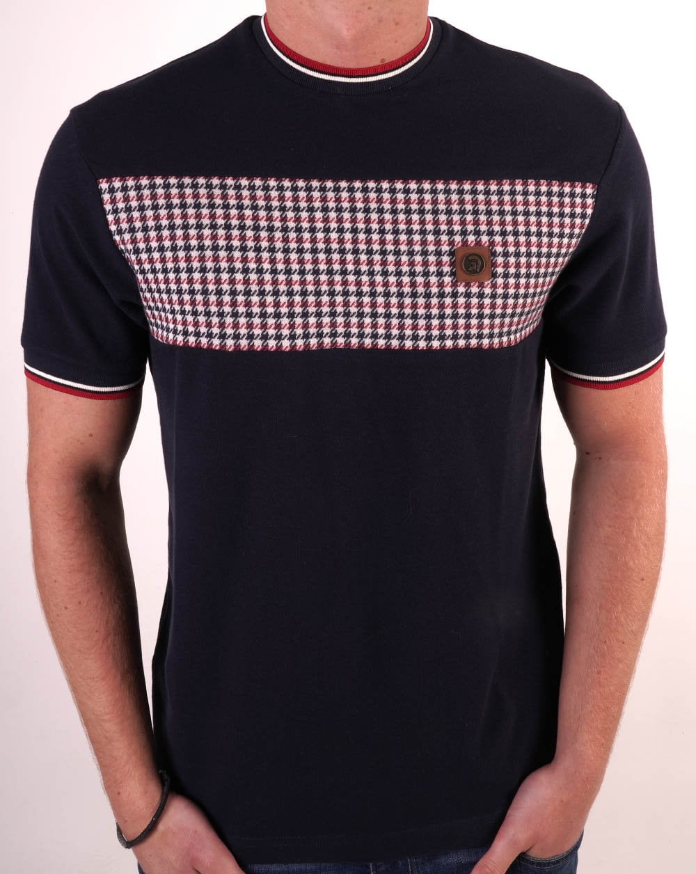 Trojan – T-Shirt mit Hahnentrittmuster und Einsätzen in Marineblau