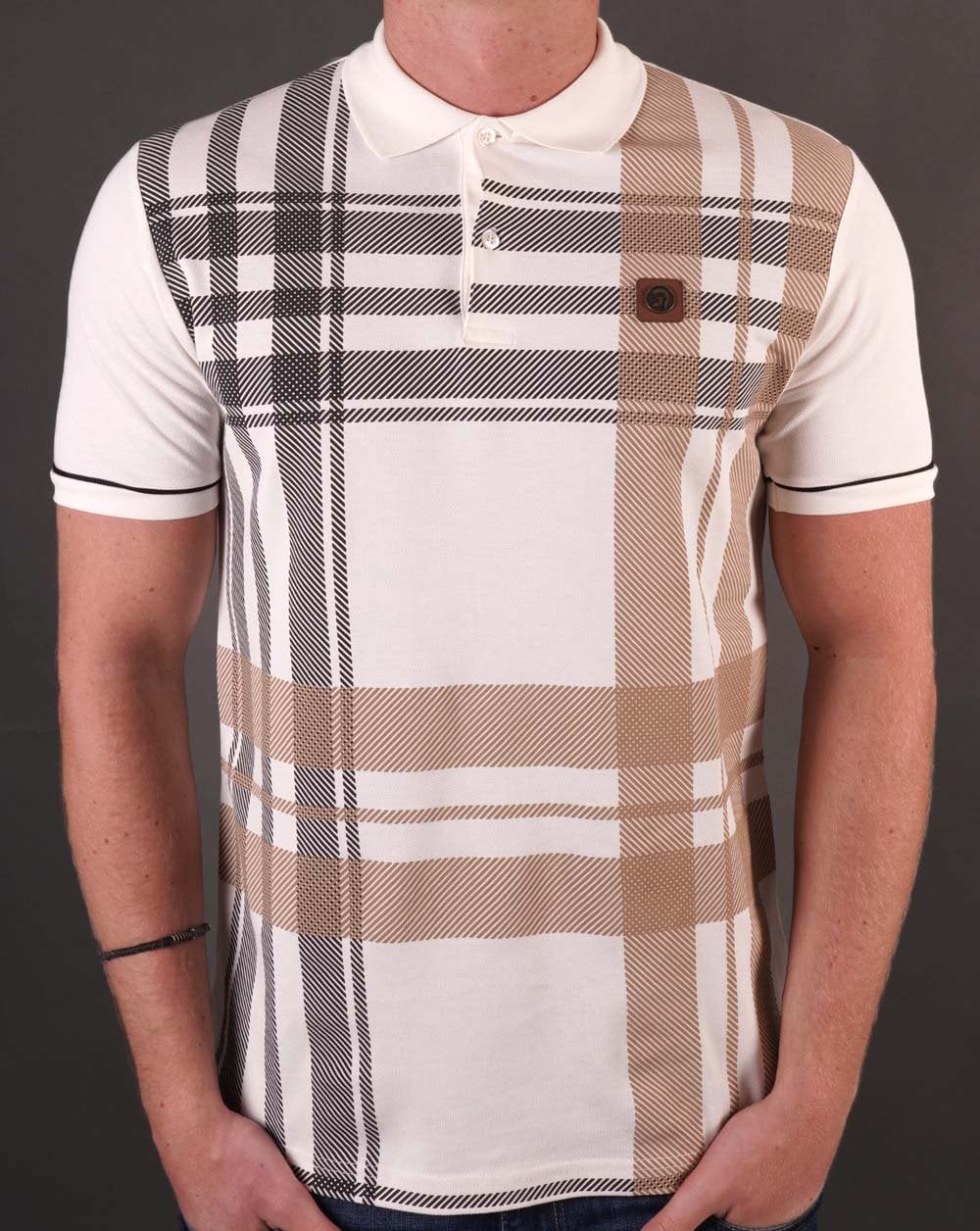 Trojan Oversize-Poloshirt mit Karomuster und Panel, Ecru