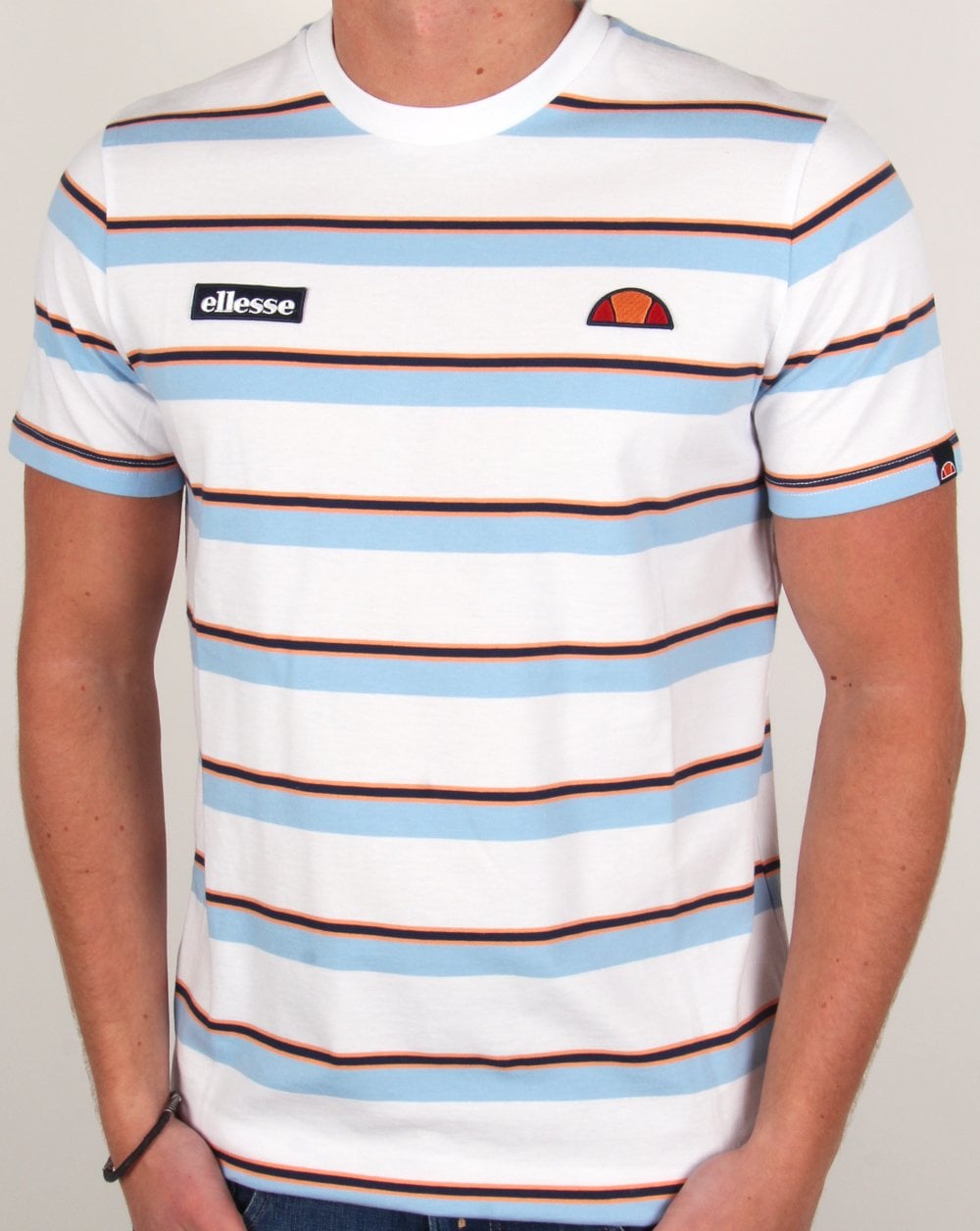 Ellesse – T-Shirt mit drei Streifen, Weiß/Himmelblau/Orange