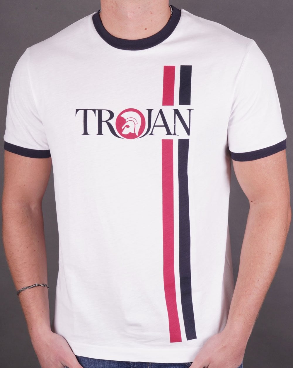 Trojan – T-Shirt mit Doppelstreifen-Logo, Weiß