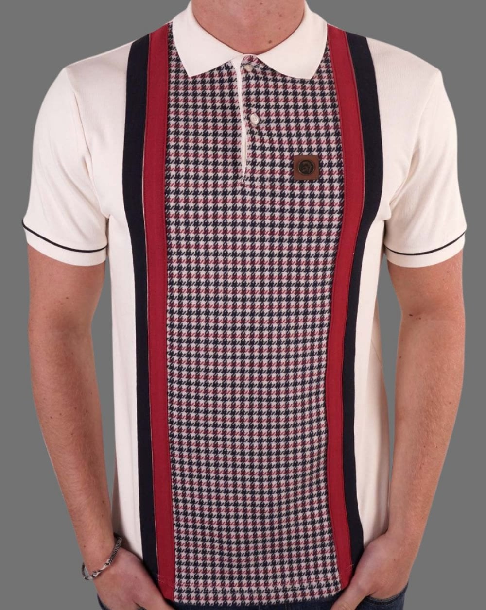 Trojan Poloshirt mit Hahnentrittmuster und Einsätzen in Ecru