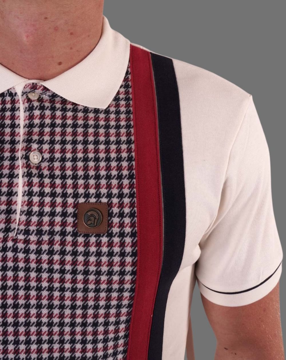 Trojan Poloshirt mit Hahnentrittmuster und Einsätzen in Ecru