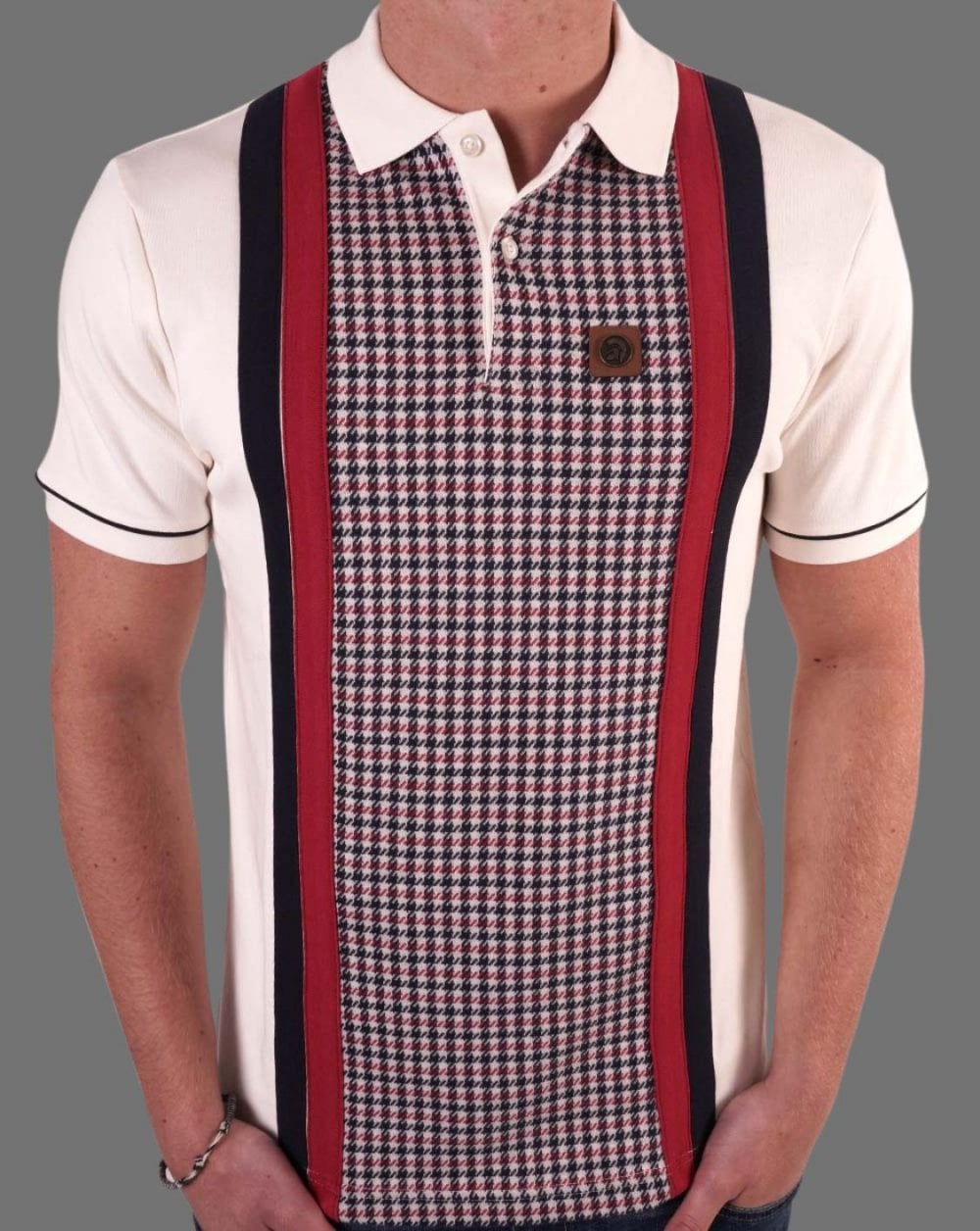 Trojan Poloshirt mit Hahnentrittmuster und Einsätzen in Ecru