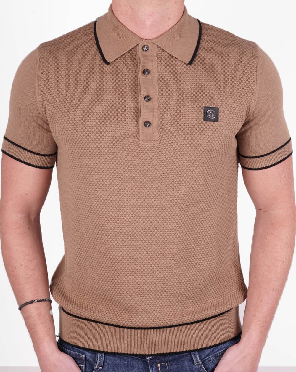 Trojan Strukturiertes Strick-Poloshirt Kamel