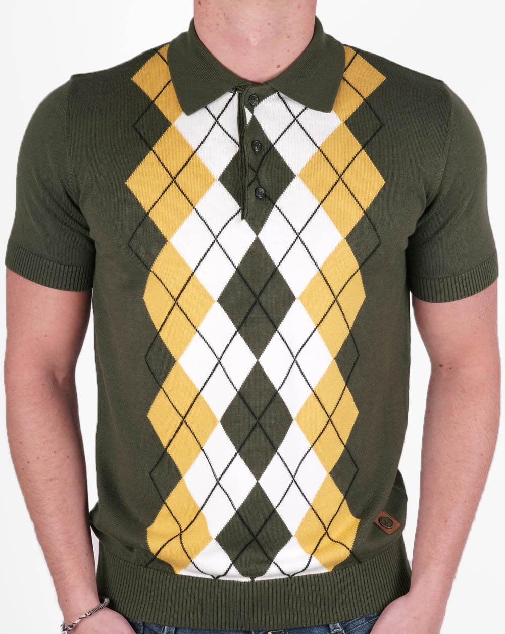 Trojan Argyle Feinstrick-Poloshirt Armee/Gold