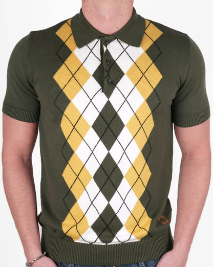 Trojan Argyle Feinstrick-Poloshirt Armee/Gold