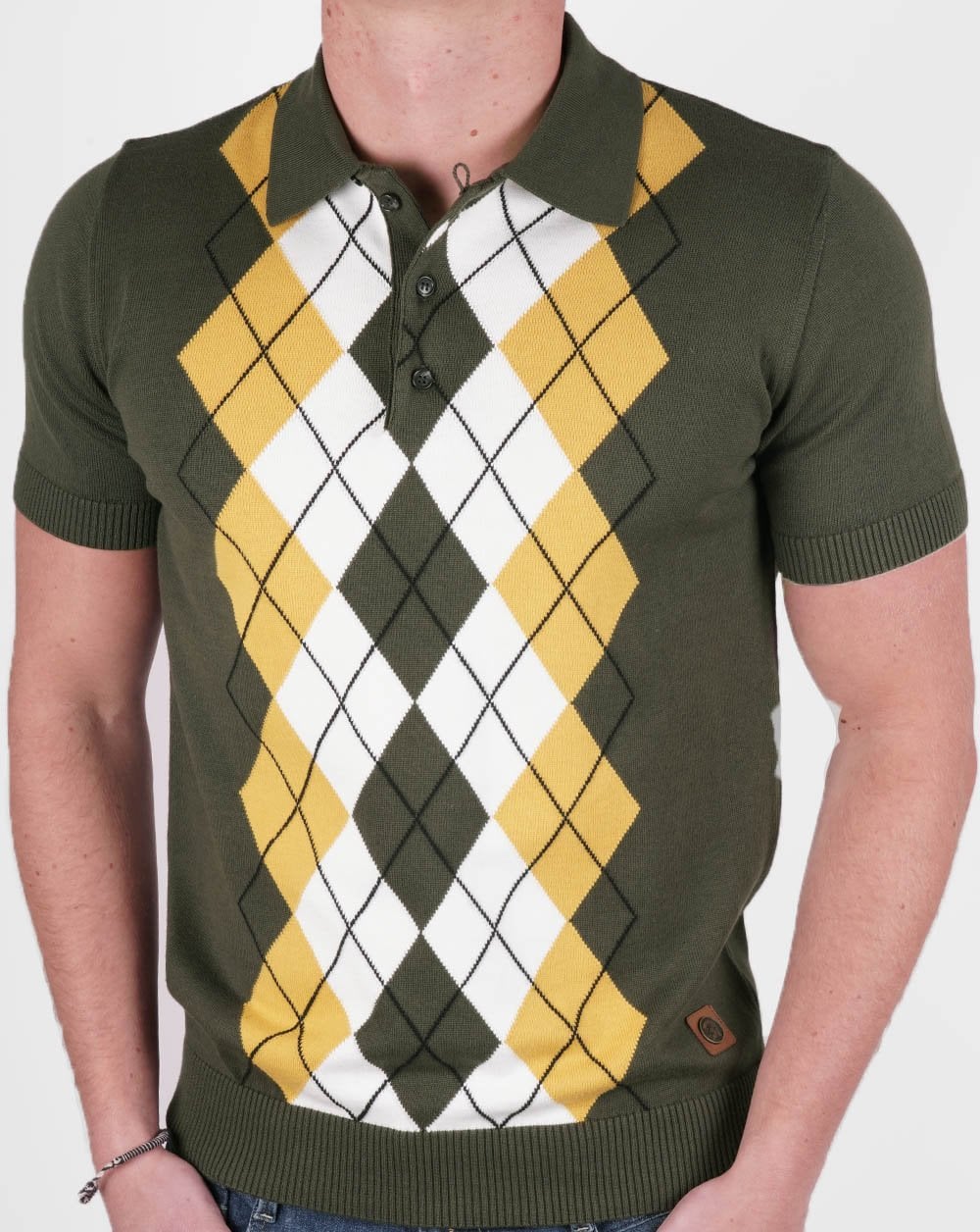 Trojan Argyle Feinstrick-Poloshirt Armee/Gold