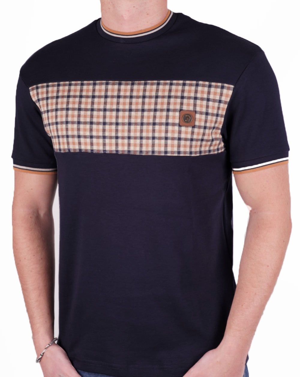 Trojan – T-Shirt mit Vichy-Karo-Einsatz in Marineblau