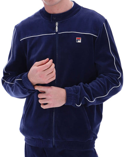 Fila – Vintage Biker-Trainingsjacke aus Velours in Marineblau