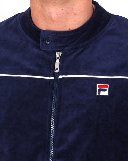 Fila – Vintage Biker-Trainingsjacke aus Velours in Marineblau