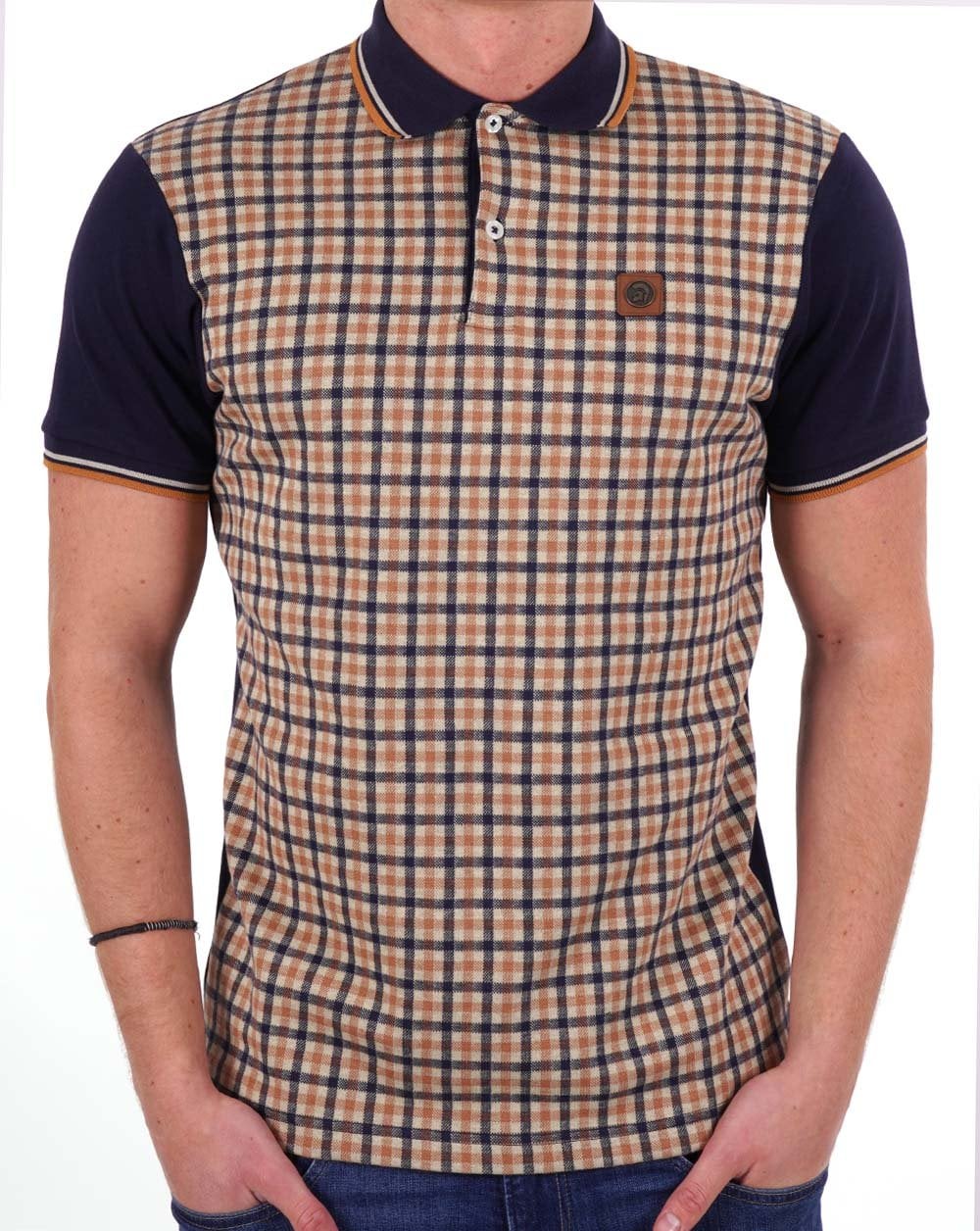 Trojan – Poloshirt mit Gingham-Karo-Einsatz, Marineblau/Kamel