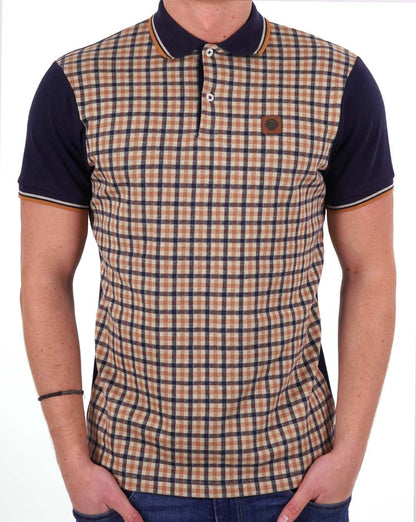 Trojan – Poloshirt mit Gingham-Karo-Einsatz, Marineblau/Kamel