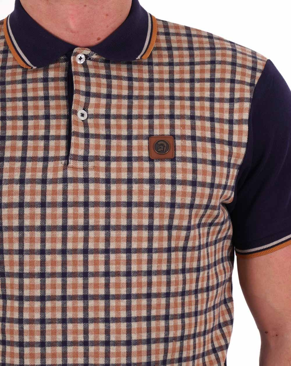 Trojan – Poloshirt mit Gingham-Karo-Einsatz, Marineblau/Kamel