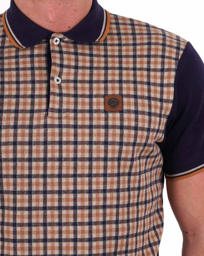 Trojan – Poloshirt mit Gingham-Karo-Einsatz, Marineblau/Kamel