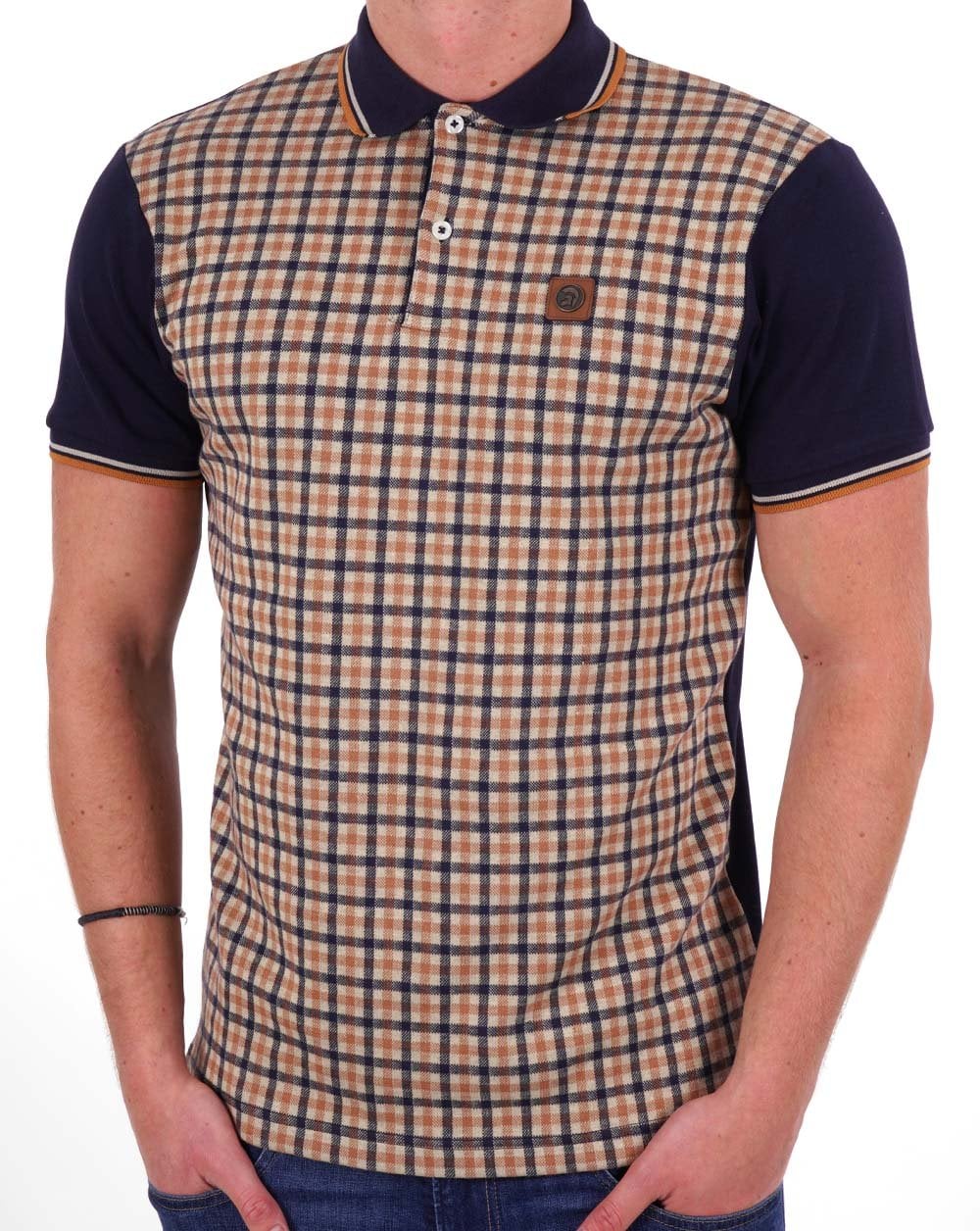 Trojan – Poloshirt mit Gingham-Karo-Einsatz, Marineblau/Kamel