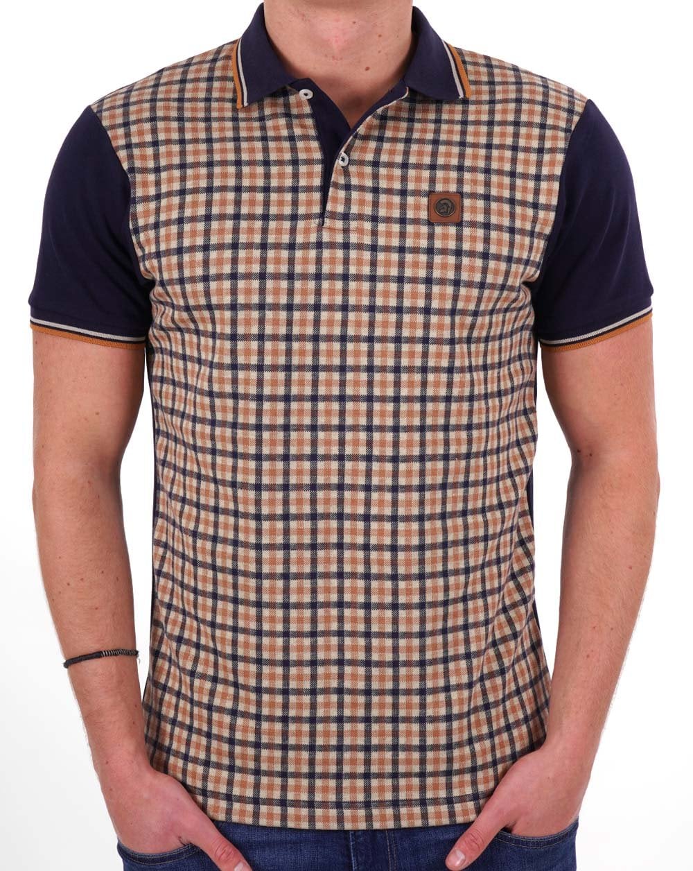 Trojan – Poloshirt mit Gingham-Karo-Einsatz, Marineblau/Kamel