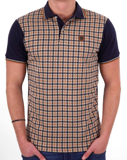 Trojan – Poloshirt mit Gingham-Karo-Einsatz, Marineblau/Kamel