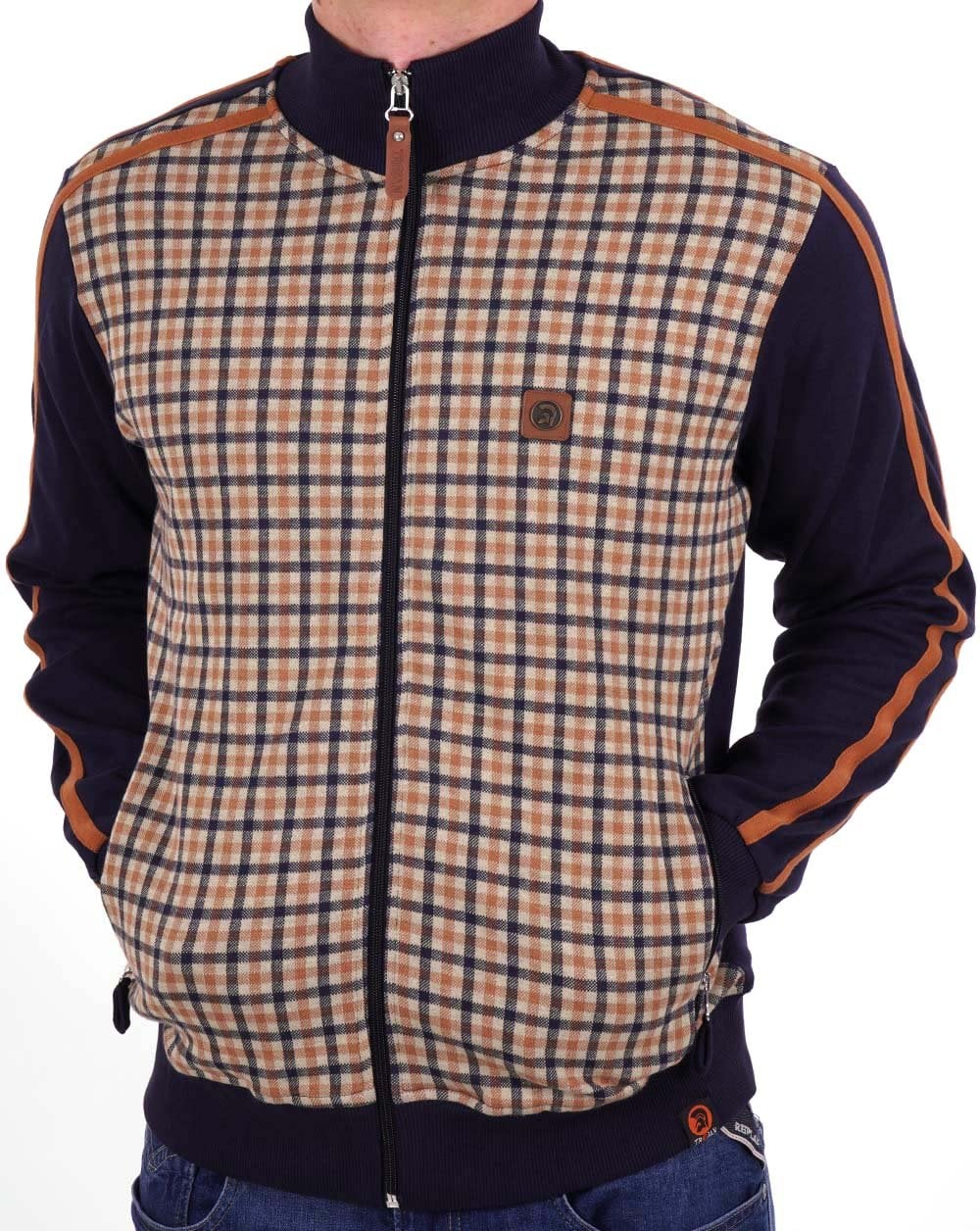 Trojan – Trainingsjacke mit Gingham-Einsatz, Marineblau/Kamel
