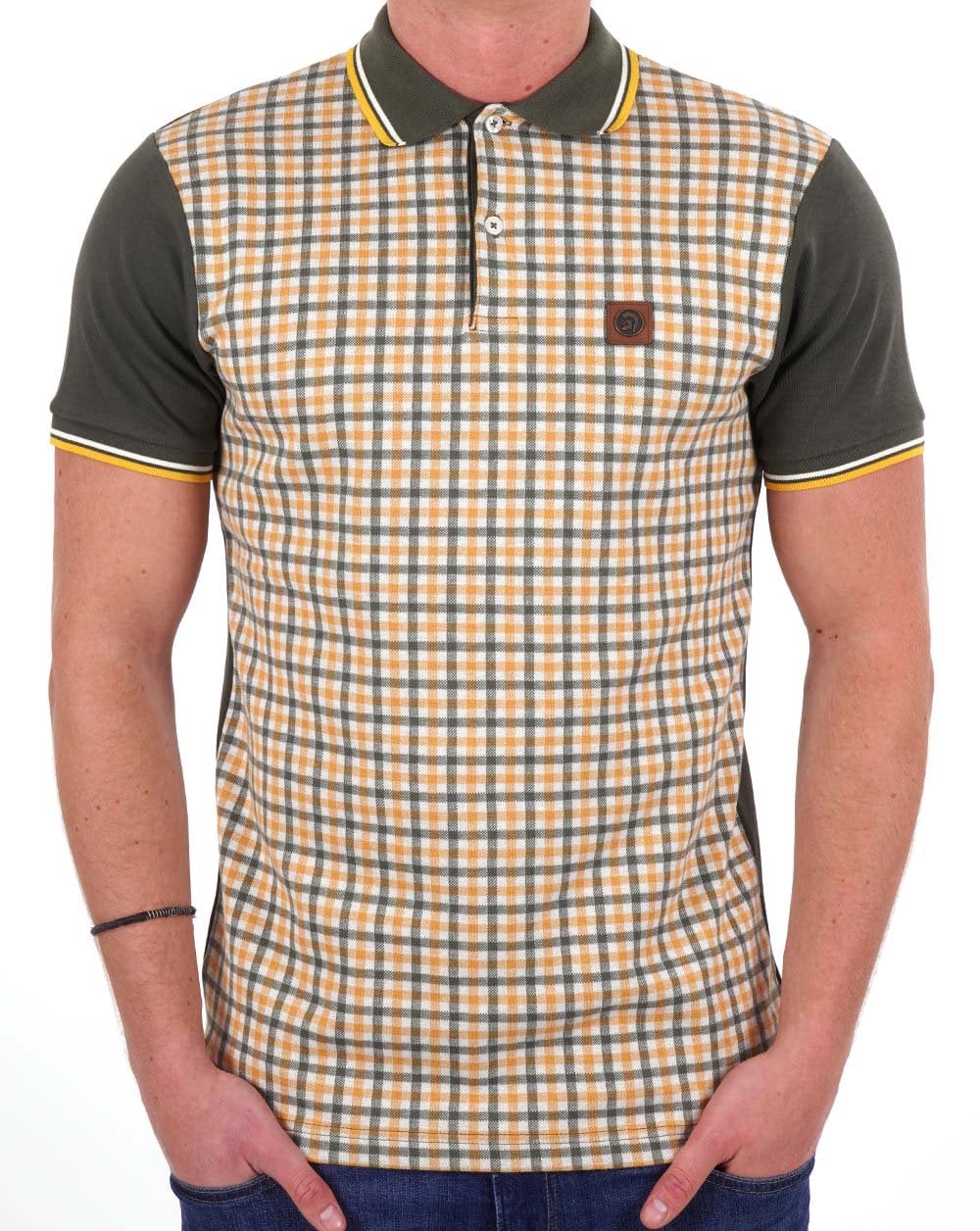 Trojan – Poloshirt mit Gingham-Karomuster und Einsätzen in Armeegrün/Gold