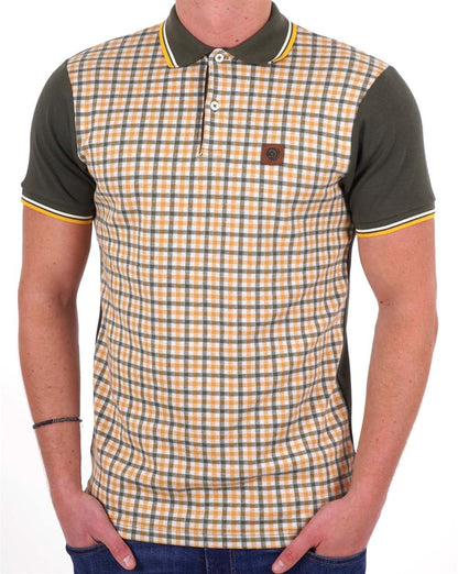 Trojan – Poloshirt mit Gingham-Karomuster und Einsätzen in Armeegrün/Gold