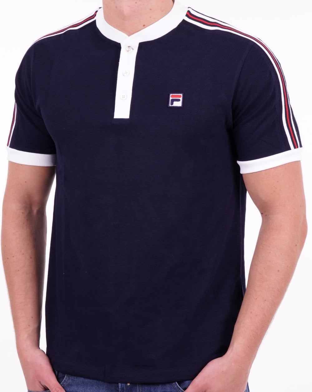 Fila Vintage Poloshirt ohne Kragen, Marineblau