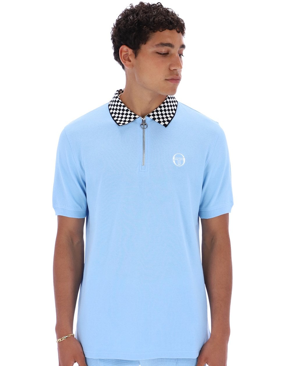 Sergio Tacchini Kariertes Poloshirt mit Reißverschluss, Himmelblau
