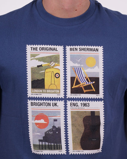 Ben Sherman – T-Shirt „Travel Stamps“ in Denimblau