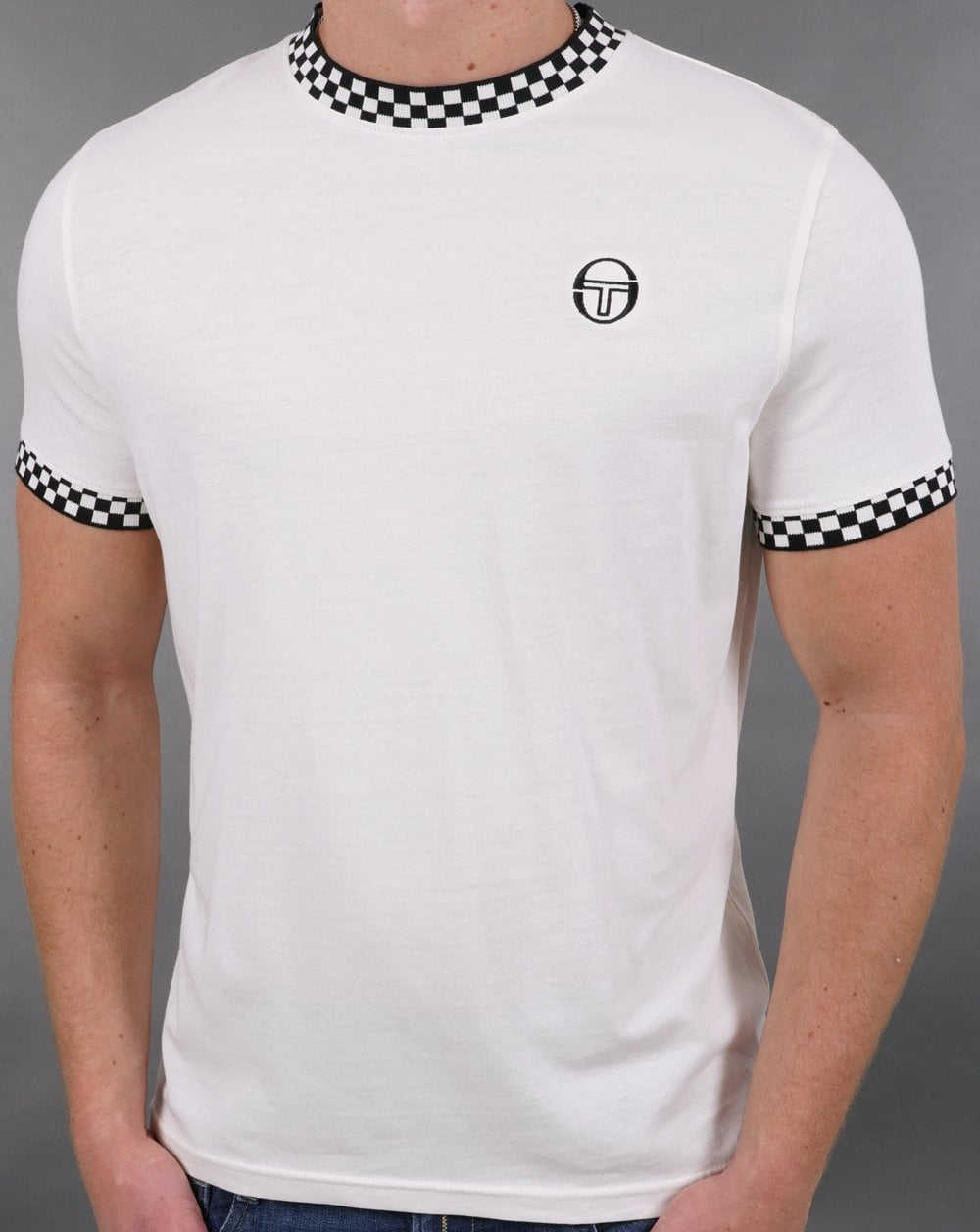 Sergio Tacchini – Ringer-T-Shirt mit Karomuster in Cremeweiß