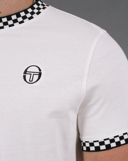Sergio Tacchini – Ringer-T-Shirt mit Karomuster in Cremeweiß