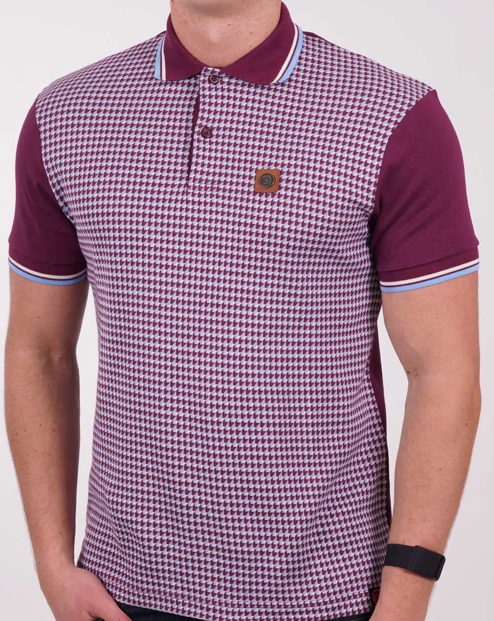 Trojan Poloshirt mit geometrischem Mustereinsatz, Portwein/Himmelblau