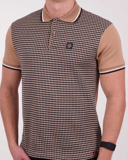 Trojan Poloshirt mit geometrischem Mustereinsatz Kamel/Marineblau