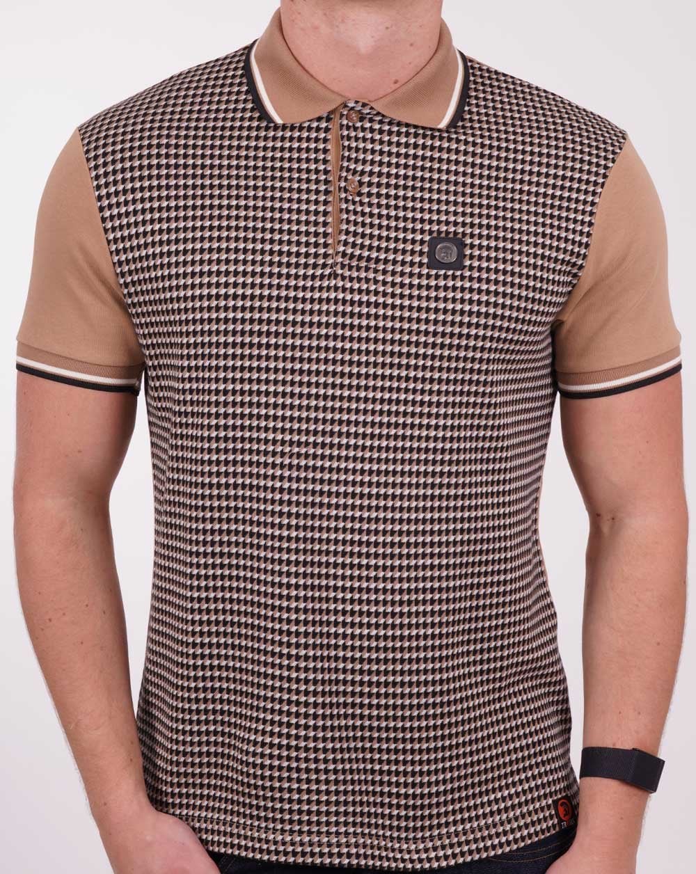 Trojan Poloshirt mit geometrischem Mustereinsatz Kamel/Marineblau