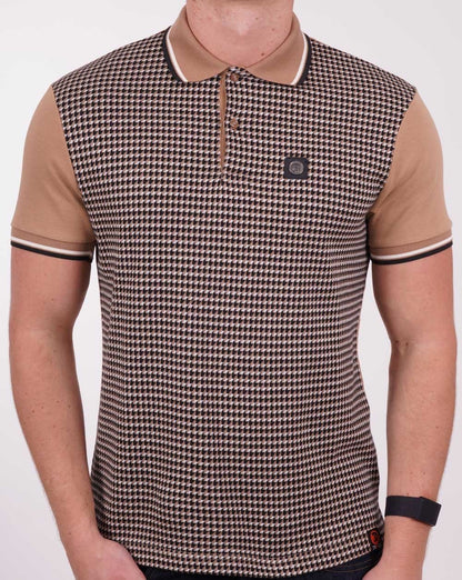 Trojan Poloshirt mit geometrischem Mustereinsatz Kamel/Marineblau