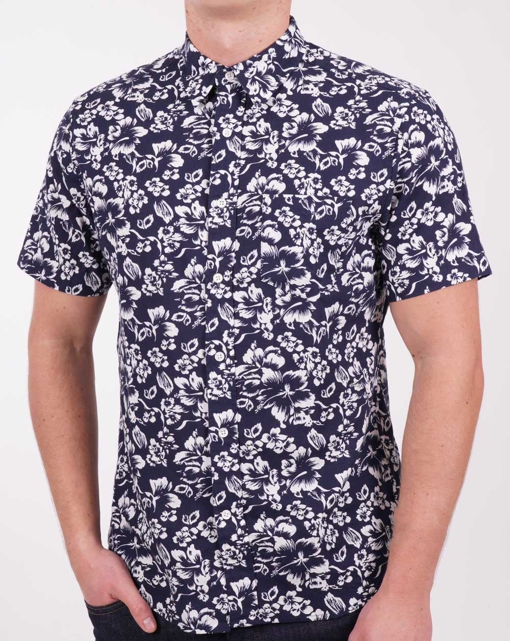 Gant Floral Baumwoll-Leinen-Kurzarmhemd Marineblau