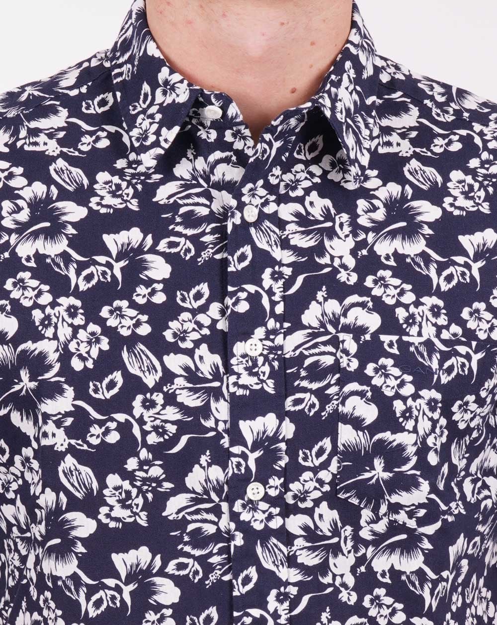 Gant Floral Baumwoll-Leinen-Kurzarmhemd Marineblau