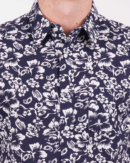 Gant Floral Baumwoll-Leinen-Kurzarmhemd Marineblau
