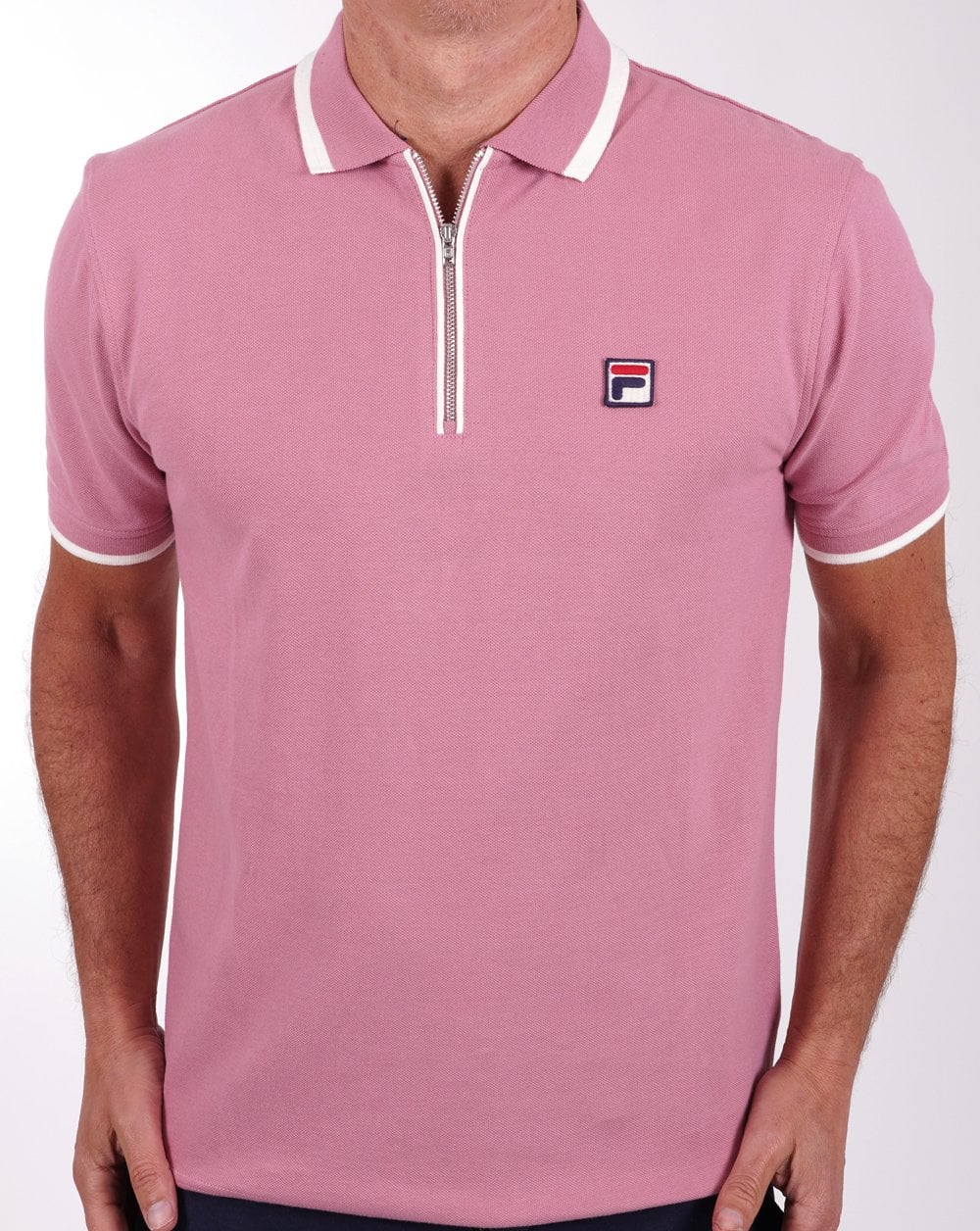 Fila – Vintage-Poloshirt mit Reißverschluss und Tipped-Muster, Dunkelrosa