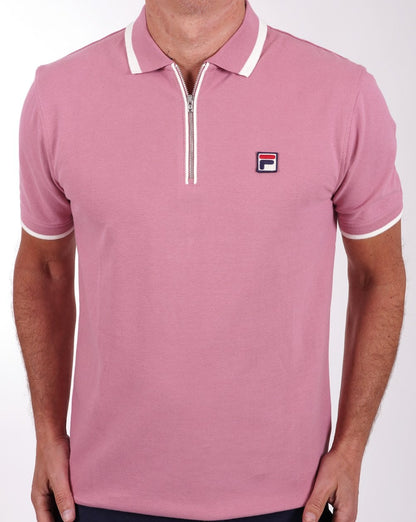 Fila – Vintage-Poloshirt mit Reißverschluss und Tipped-Muster, Dunkelrosa
