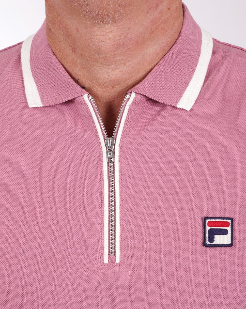 Fila – Vintage-Poloshirt mit Reißverschluss und Tipped-Muster, Dunkelrosa