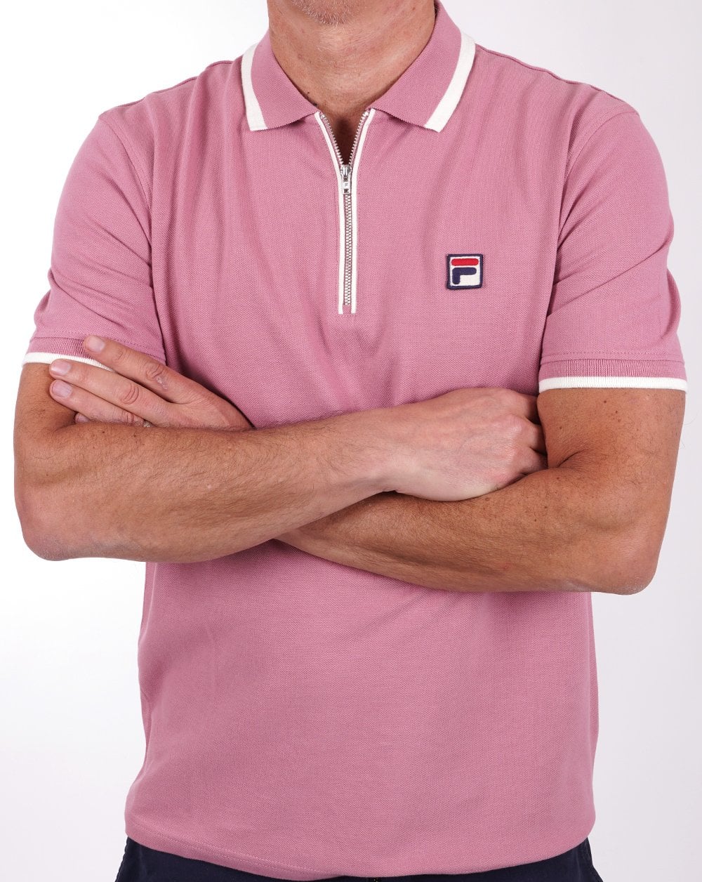 Fila – Vintage-Poloshirt mit Reißverschluss und Tipped-Muster, Dunkelrosa