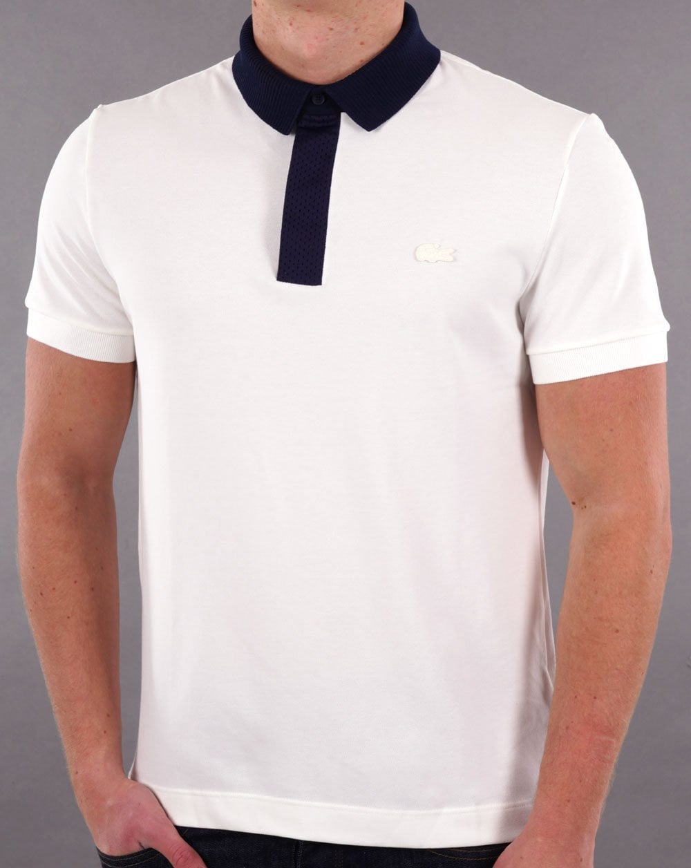 Lacoste Poloshirt mit Kontrastkragen Weiß/Marineblau