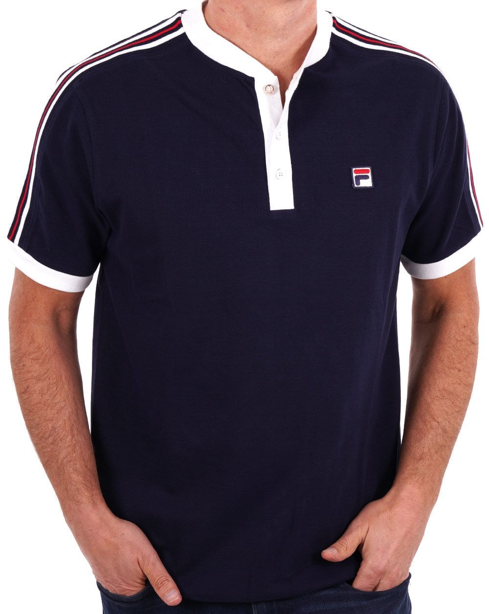 Fila Vintage Poloshirt ohne Kragen, Marineblau